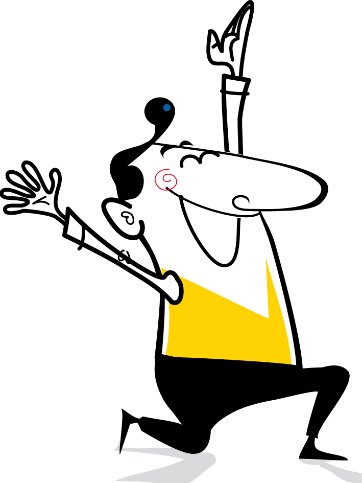 Illustration einer Figur im gelben Oberteil, die kniend die Hände lachend nach oben streckt