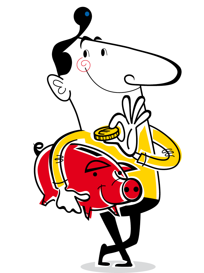 Illustration einer Figur im gelben Oberteil, die ein rotes Sparschwein und eine Münze in der Hand hält